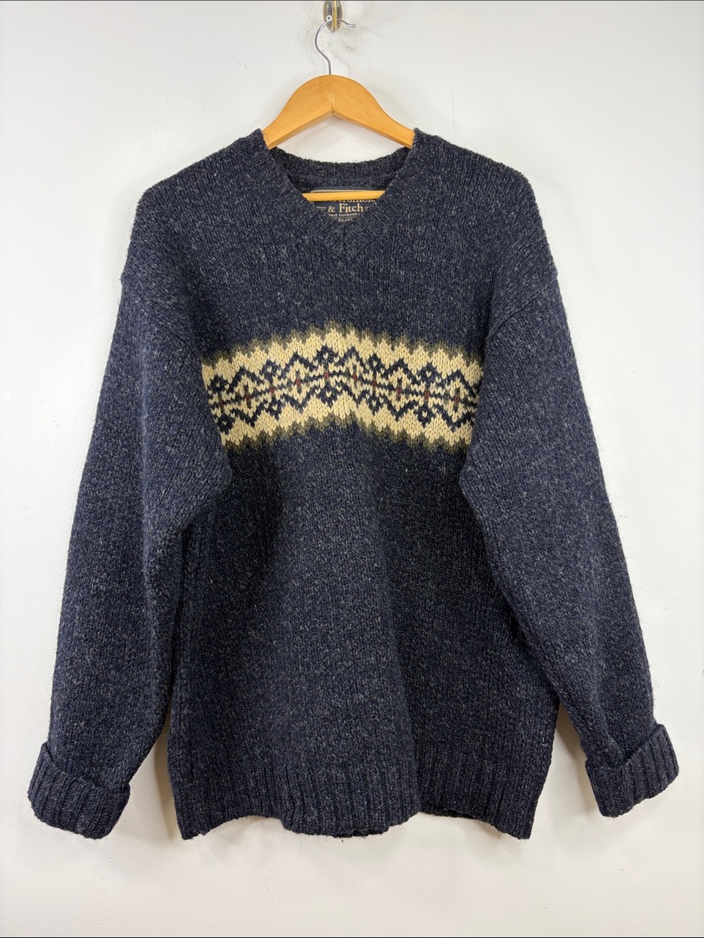 Vintage Abercrombie & Fitch Sweater Mens XL Navy Blue Wool Fair Isle Nordic 90s